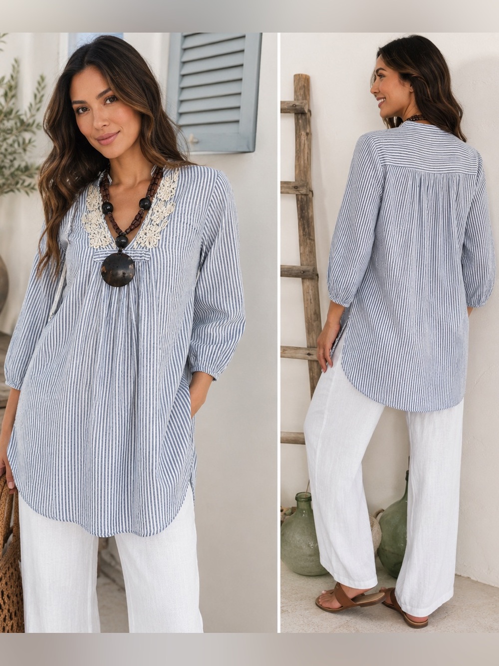 Harmony Culture Blue Stripe Embellished Tunic Top Cover Up Coastal Chic | Small